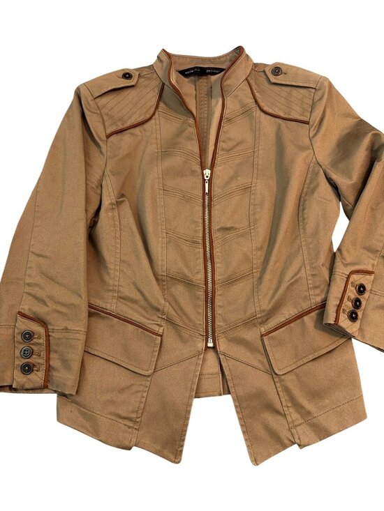 White House Black Market Jackets & Blazers - White House Black Market Tan Military Style Jacket Brown Piping Button Cuff Sz 2